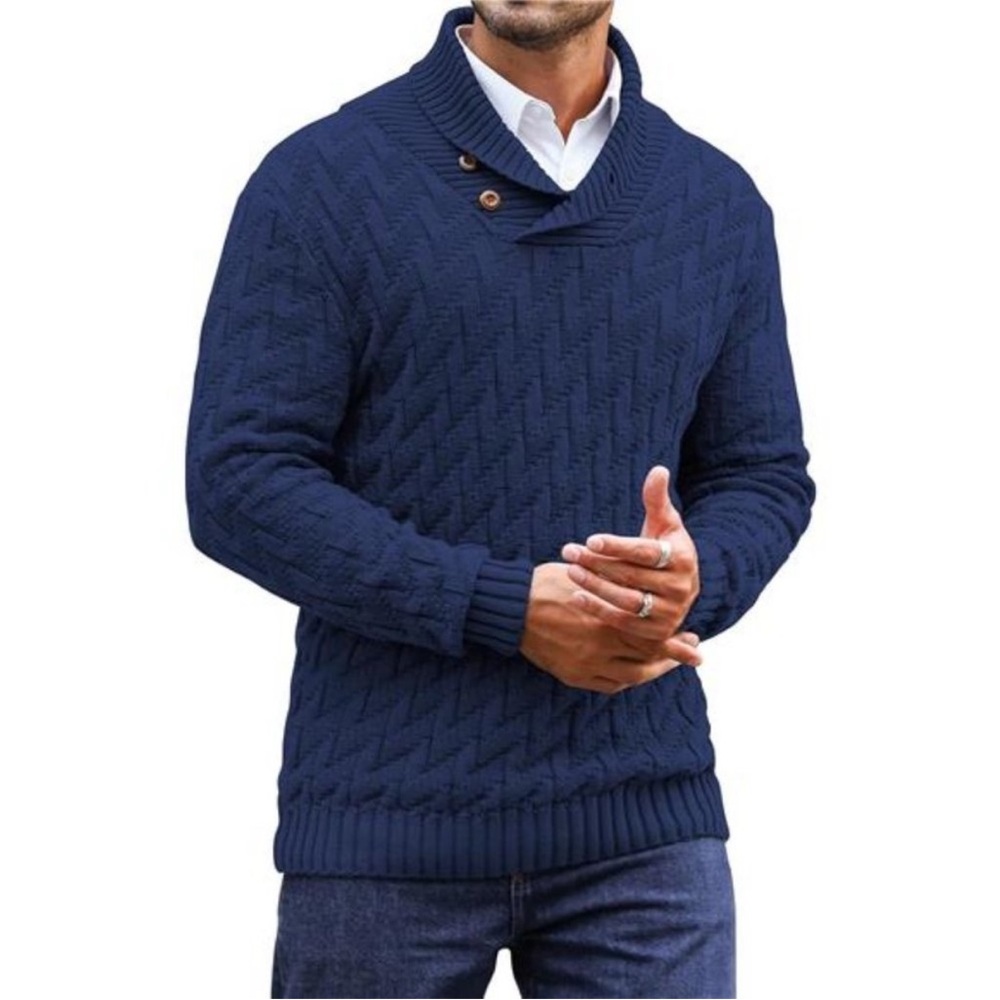 BLUE - Men's Shawl Collar Pullover Sweater Casual Cable Knit Button Sweater NEW